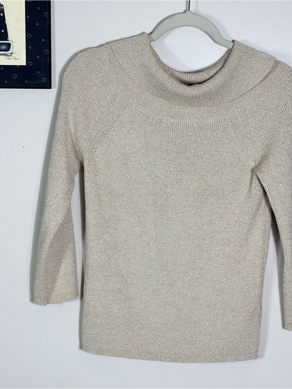 Talbots metallic Sparkle Cream Turtleneck Sweater 76% Rayon